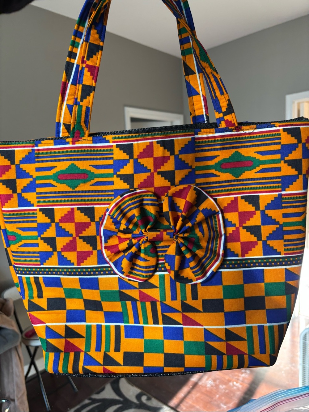 Colorful Kente Pattern Tote Bag with Bow Accent - Yellow, Blue, Green, Red